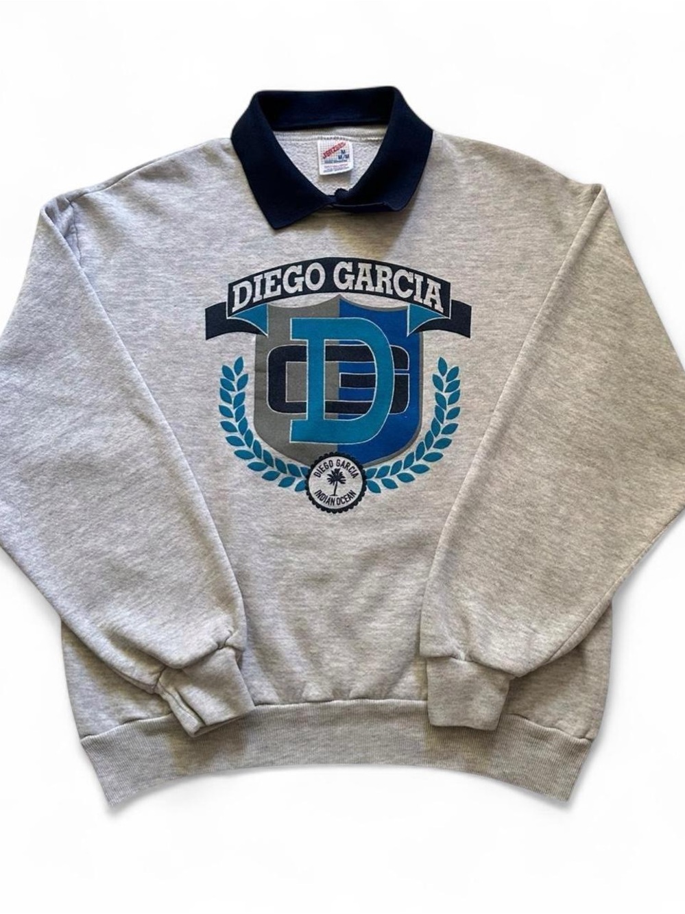 Vintage 1990s Men's Grey Diego Garcia Military Crewneck Sweater with Navy Collar